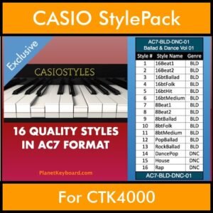 CasioStyles By PK Vol. 1  - Ballad and Dance - 16 Styles for CASIO CTK4000 in AC7 format