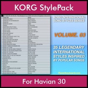 KORG International Song Styles By PK Vol. 3  - By PlanetKeyboard - 35 Song Styles for KORG Havian 30 in STY format